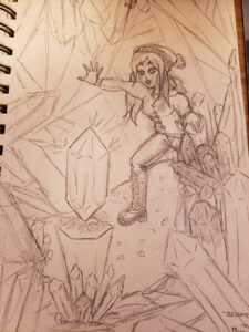Drawn sketch of a girl in a snowy weather outfit Discovering a levitating Crystal in a Cavern