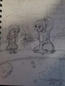 Drawn sketch of the magical girl levitating magical key with magical aura emanating from it, while a young girl looks on in awe.