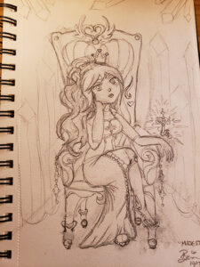 Drawn sketch of the magical girl seated on a Throne in regal attire with a crown and with the key hovering over her resting hand