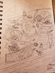 Drawn sketch of Various magical items laid out on a table, including a tome with a heart on it and a scroll with ancient glyphs.