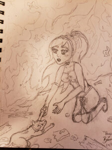 Drawn sketch of the magical girl reaching out and grabbing hold of the paw of a puppy that is covered in dirt and scratches, with broken wood and shards of material around as a fire rages behind.