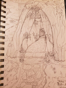 Drawn sketch of a cavern with an opening that is adorned with gems and guilding, and features a giant cut gem of a heart with wings above the top. The outside path features cut glass and crystal paving, and inside there are gilded lanterns and cut crystals lining the path. The cave is covered in vines along the top, and behind the cavern a castle spire is visible.