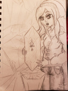 Drawn sketch of the snowy outfitted Girl holding the Discovered crystal, seeing a key inside of it.
