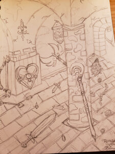 Drawn sketch of an ancient castle dungeon with cracks in the walls and stone accents on pillars and doorways. The floor is strewn with various weapons and gems. The weapons include a staff, sword, heart shield, double-headed axe which has wings as the axe head, and a crystal spiked club.