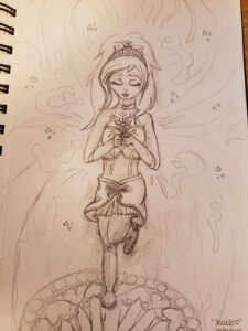 Drawn sketch of the magical girl standing on a magical summon circle, with one leg lifted and clutching a flower to her chest with both hands while her eyes are closed. Magical aura emanates around her.
