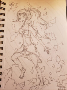 Drawn sketch of the magical girl breaking through a crystalline/glass floor, with shards flying past her. She is looking skyward as the magical key flies out in front of her.