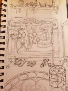 Drawn sketch of a changing room which features a portable closet rack that has a winged heart on it. The closet rack features various magical girl tops, dresses, and accessories, and magical girl shoes are on the floor below the rack. A shelf above the rack features various trinkets and beauty items. A large rug has a tufted ottoman with a bow on it, and a winged mirror is visible on the right side.
