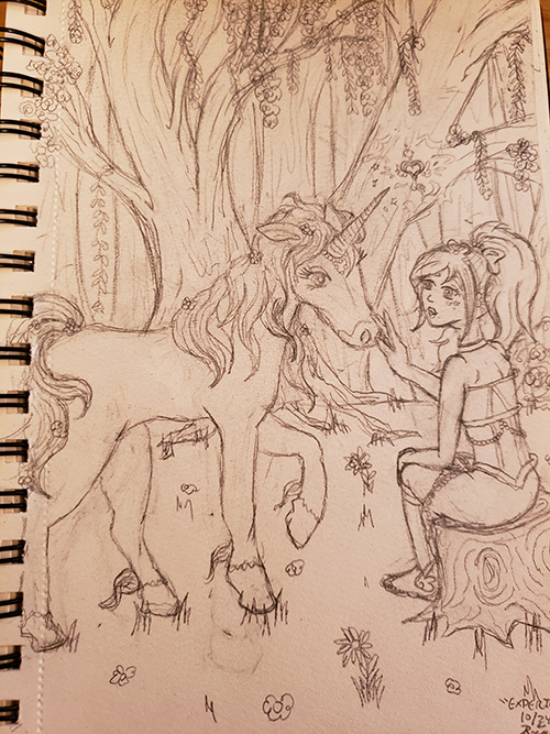 Drawn sketch of a magical girl seated on a tree stump petting the snout of a unicorn in the middle of a forest clearing