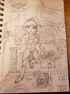 Drawn sketch of the magical girl in a technological lab. She has a foot pushed against the wall and is wearing an eye glass that is sending a signal from an antennae, and her arms have circular auras on them. She is typing at a glyph-based keyboard on a stand with one hand, while the other holds the magical key into a slot on the wall, which has several cables and wires coming from it. A computer case on the floor features a heart crystal shape. The keyboard is connected to a crystal in a container, which is emanating magical power. Various monitors are on the screen, some of which are showcasing maps and system information, and others which show ancient glyphs.