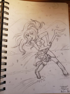 Drawn sketch of the magical girl skidding through dirt outside attempting to hold her balance. She is holding the magical key with both hands and is in the midst of combat with an unseen foe.