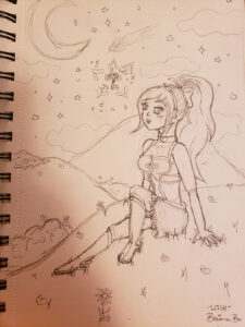 Drawn sketch of the magical girl sitting on a grassy hill, looking up at a starry night sky. The magical key is floating near the sky glowing, while a shooting sky flies past.