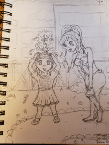 Drawn sketch of the magical girl bending forward with her hands on her knees smiling, while the little girl is wearing her magical tiara and looking at the magical key float above emanating a magical aura.