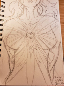 Drawn sketch of the Girl Undergoing a magical girl transformation, with ribbons wrapping around her chest that extend from a centered key.