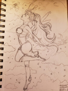 Drawn sketch of the magical girl jumping into the air in a dancer pose with one leg on tiptoe and the other bet back. Her arms are extended behind her, and wings are visible on her back in the full moon behind her. The magical key glows above her as her face is turned toward it with her eyes closed.
