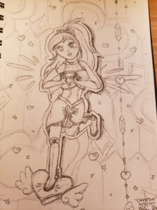 Drawn sketch of the magical girl in a victory style pose, lifting one leg up with her head tilted in a smile, and both hands in front of her making a heart shape with fingers extended to form the wings. She has an outline resembling a sticker and thick shading, similar to how the credits of an anime may stylize characters. She is standing on a platform that looks like a heart with wings, and various strands of crystals and hearts make up the background as confetti of stars and hearts float around.