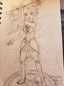 Drawn sketch of the girl wielding a transformed key staff over her head, as her appearance has been transformed from regular clothes to magical attire.