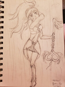 Drawn sketch of the magical girl in a battle stance, holding her magical key staff to her side as she raises an arm behind her.