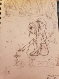 Drawn sketch of the magical Girl levitating the key over a body of water, where it barely touches the surface and creates a ripple.