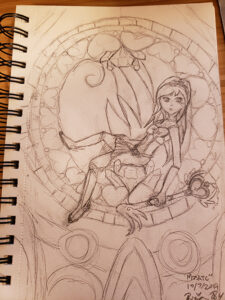 Drawn sketch of the magical girl sitting in a stained glass window, holding a magical key staff and looking outward.