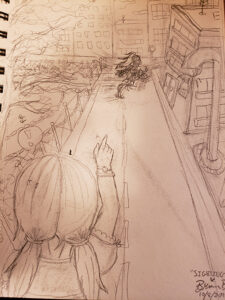 Drawn sketch of a little girl pointing far down the street, where she sees the magical girl sprinting away toward the rooftops.