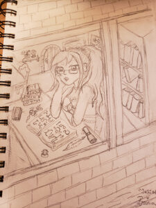 Drawn sketch of the magical girl seated in a classroom with glasses on, looking out the window with a textbook open in front of her