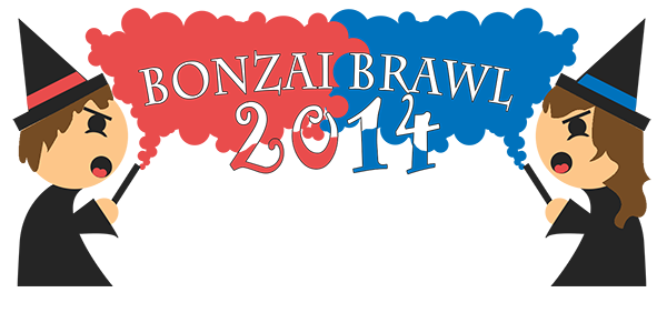 Logo image featuring two wizards with red banded and blue banded hats wielding wands from either side. Their wands emit their colored clouds of smoke, billowing and mingling at the center of the image. The text "Bonzai Brawl 2014" is cut from the clouds in the middle