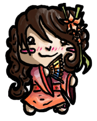 Colored digital drawing of a chibi stylized avatar with her hair pulled to one side, wearing a purple to orange gradiated kimono style outfit. She is holding a fan and has chopsticks in her hair that have flowers on them.