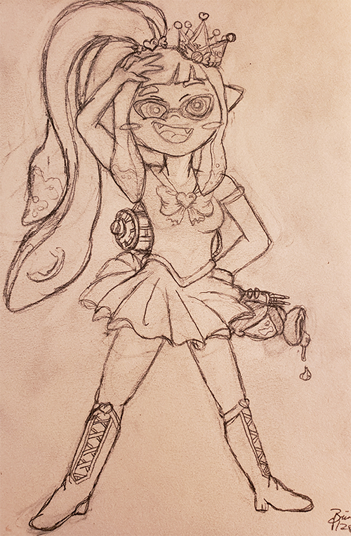 Drawn sketch of an inkling from Splatoon 2, wearing a magical girl scout outfit and a crown. The inkling has their tentacles in a heart hair tie to form a ponytail, and is smiling with its hand to its forehead showing a peace sign. Its other arm is at its side, holding a splattershot weapon that is dripping ink.