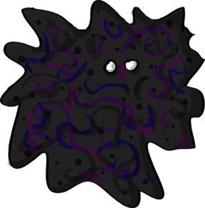 Colored digital drawing of a swirling black mass with two eyes peeking out. This is an event card from the Prometheusaurus game.