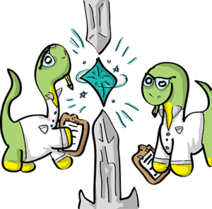 Colored digital drawing of two brontosaurus in lab coats with glasses and clipboards and pencils in their mouths, who are reviewing a glowing crystal held between two spires. This is an event card from the Prometheusaurus game.