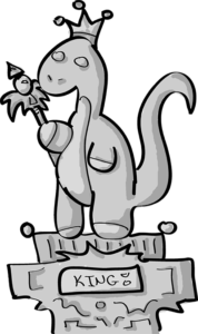 Colored digital drawing of a stone brontosaurus statue with a crown and staff and the text "king" underneath. This is an event card from the Prometheusaurus game.