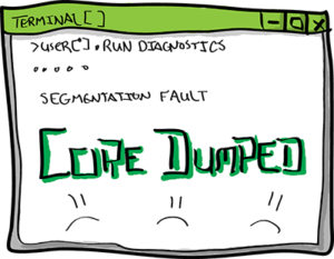 Colored digital drawing of a terminal window that says "User Run Diagnostics....Segmentation Fault" in small text, with large text saying "Core Dumped" and several sad faces below. This is an event card from the Prometheusaurus game.
