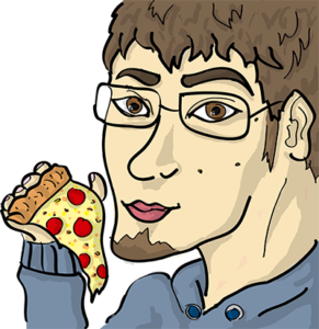 Colored digital drawing of a man with brown hair and glasses wearing a hoodie who is holding a piece of pepperoni pizza. This is an event card from the Prometheusaurus game.