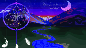 Large graphic featuring a pink moon in a night sky with a faint sunrise over the horizon. Snow peaked mountains reflect colors from the sunrise. The plain below has a winding river running through it, with silhouettes of buffaloes feeding near it and silhouettes of deer along the mountain ridges. The text "I love you to the moon and back" is written in the sky. There is a dreamcatcher to the left of the scene with gems in between the weaved yarn, and feathers dangling below it.