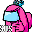 Colored digital drawing for an emote of a pink astronaut from the game Among Us wearing a blue heart crystal on their head. They have an irritated look and are pointing to the left. Text in the lower left says "Sus"