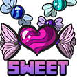 Colored digital drawing for an emote of several candies in swirled wrappers with bunches of wrapping on either end. A large pink candy in the center is not circular but more heart shaped, with more defined wrapper bunches that resemble wings. Text on the bottom says "Sweet"