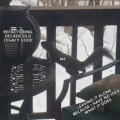 Photograph of a squirrel, labelled "me" with its hind legs on a chair arm as the chair is labelled "leaving it alone because I have no idea what it does" and its front legs on a patio table, looking eagerly at a lantern that says "refactoring decade old legacy code" set on the table. This image was used as an example template for a meme to explain the structural diagrams.
