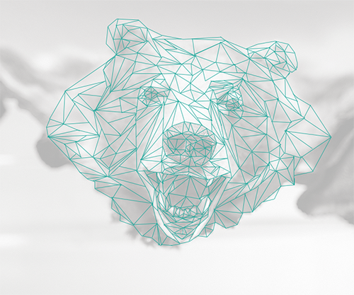 Depiction of a bear's head in a faux low poly style created by drawing the polygonal lines. The stock image used is faded underneath to showcase the reference used.