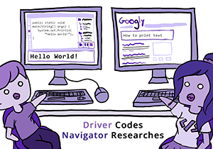 Colored digital drawing showing different observed pair programming behaviors. The text says "Driver Codes, Navigator Researches". One partner's computer screen shows an IDE that displays "Hello World!" while the other partner's screen shows a browser search that says "How to print text"