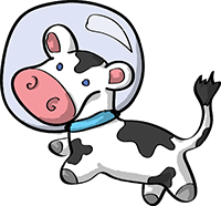 Colored digital drawing of a cow with a space helmet. This is a resource from the Prometheusaurus game.
