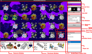 Screenshot from the Prometheusaurus game of the entire general game board display. The screenshot labels each part of the window.