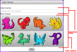 Screenshot from the Prometheusaurus game of the user setup screen, which allows the user to select a name and a color. The screenshot provides labels for each section.