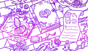 Digitally inked, cropped banner drawing in a purple gradient of Various magical items laid out on a table, including a tome with a heart on it and a scroll with ancient glyphs.