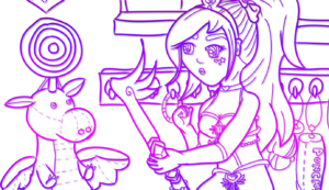 Digitally inked, cropped banner drawing in a purple gradient of the magical Girl training with her magical key staff by wielding it in a practice room against a plush dragon.