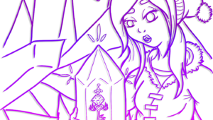 Digitally inked, cropped banner drawing in a purple gradient of the snowy outfitted Girl holding the Discovered crystal, seeing a key inside of it.