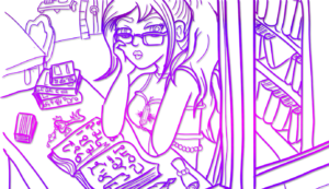 Digitally inked, cropped banner drawing in a purple gradient of the magical girl seated in a classroom with glasses on, looking out the window with a textbook open in front of her