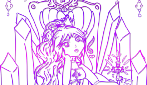 Digitally inked, cropped banner drawing in a purple gradient of the magical girl seated on a Throne in regal attire with a crown and with the key hovering over her resting hand