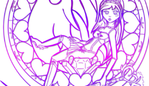Digitally inked, cropped banner drawing in a purple gradient of the magical girl sitting in a stained glass window, holding a magical key staff and looking outward.