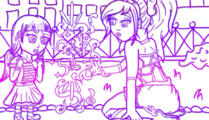 Digitally inked, cropped banner drawing in a purple gradient of the magical girl levitating magical key with magical aura emanating from it, while a young girl looks on in awe.