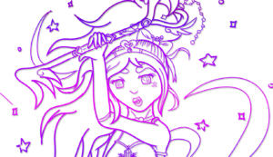 Digitally inked, cropped banner drawing in a purple gradient of the girl wielding a transformed key staff over her head, as her appearance has been transformed from regular clothes to magical attire.